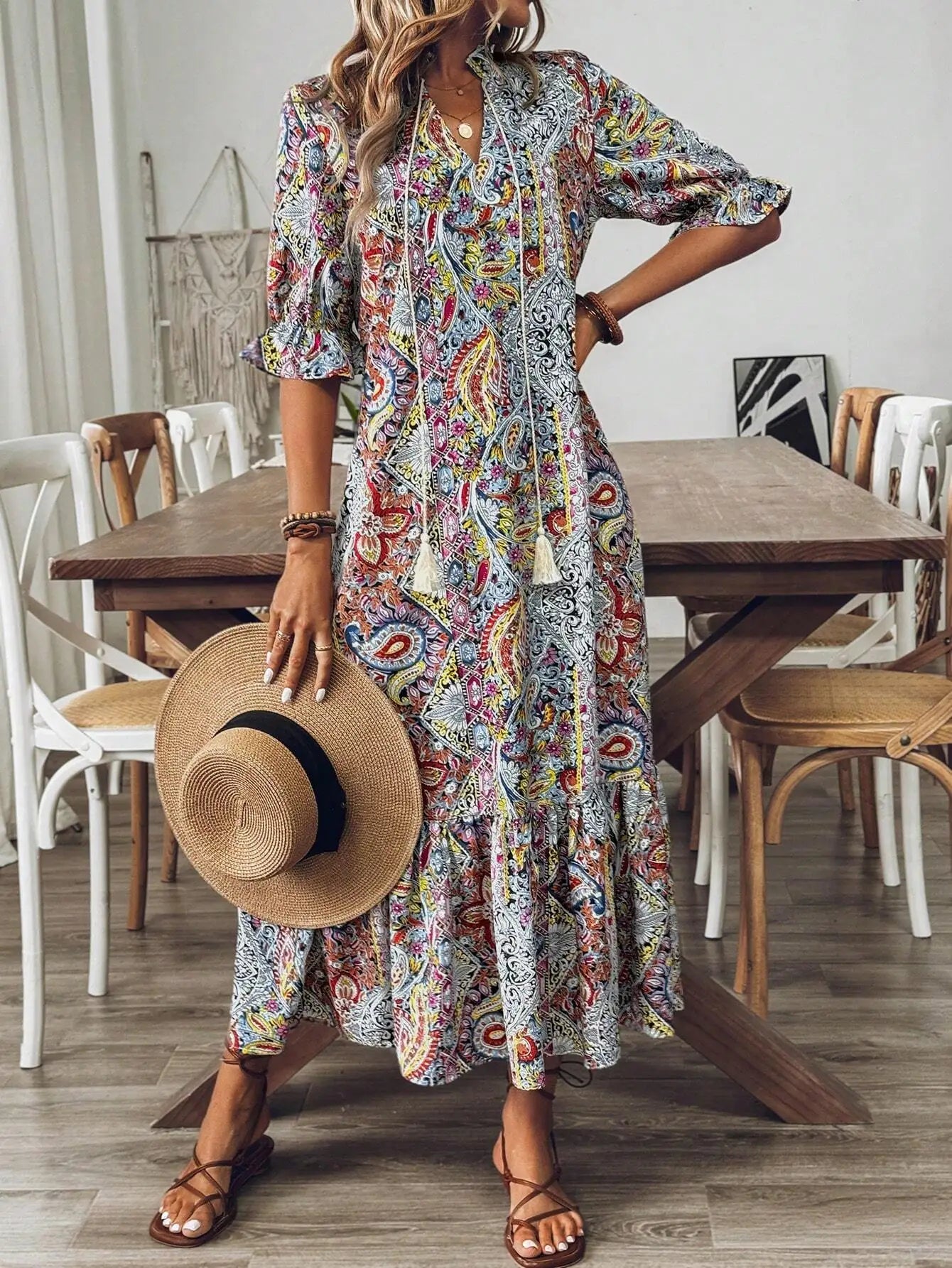 Bohemian Printed Mid-Sleeve Dress With Tassel Tie Neck Ruffle Hem Loose Maxi Dress