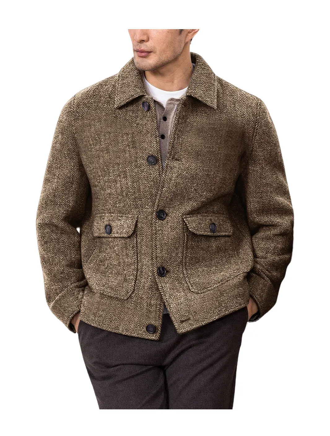 Men Vintage Herringbone Short Lapel Button Jacket Casual Outerwear For Daily Commute Weekend Dating Coffee Street Trip Gathering