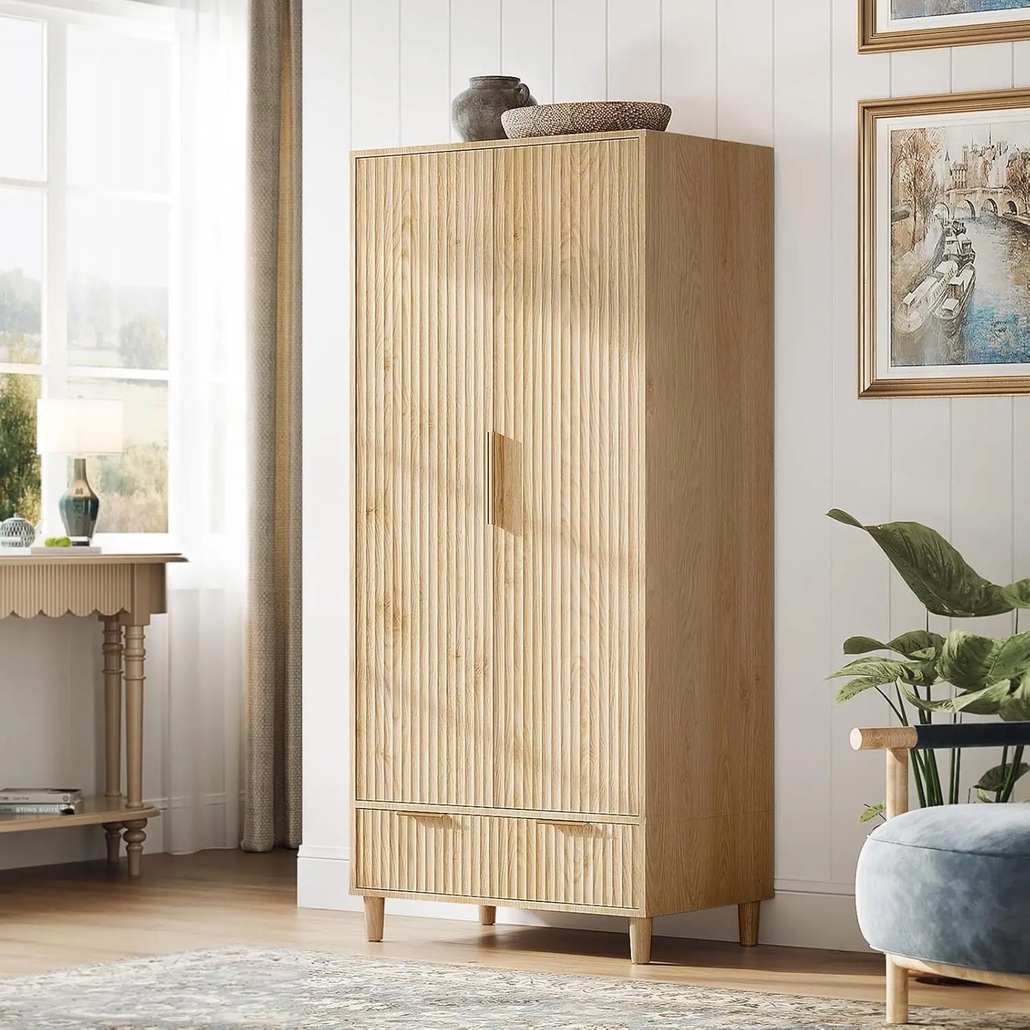Fluted Wardrobe Closet Armoire with Doors And Drawers, Wardrobe Cabinet with Hanging Rack, Bedroom Closet Wood, Oak, Customized