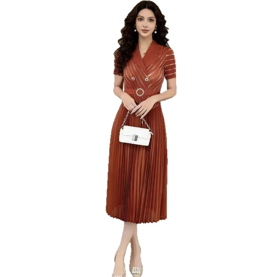 【New style】Europe 2026 summer new style fashionable pleated V-neck splicing slim slimming dress medium and long pleated skirt