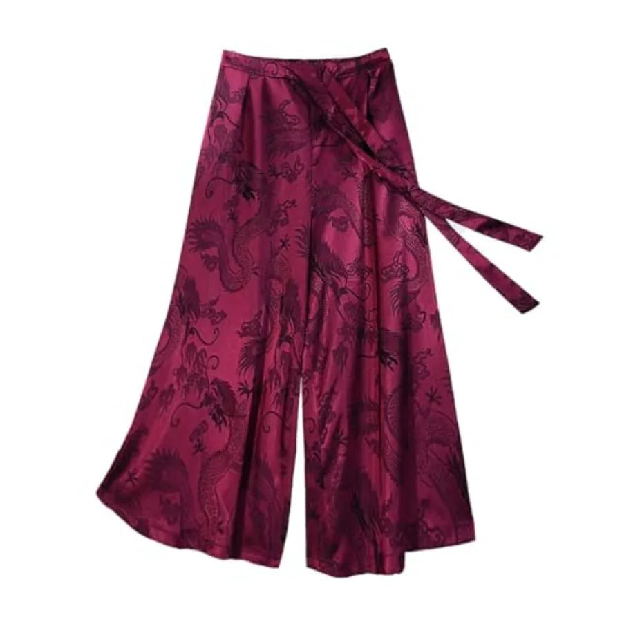 HZCX FASHION Mens Womens Baggy Relax Wide Leg Palazzo Pant Dragon Satin Kung Fu Slacks Casual Trousers Lightweight Yoga Pants