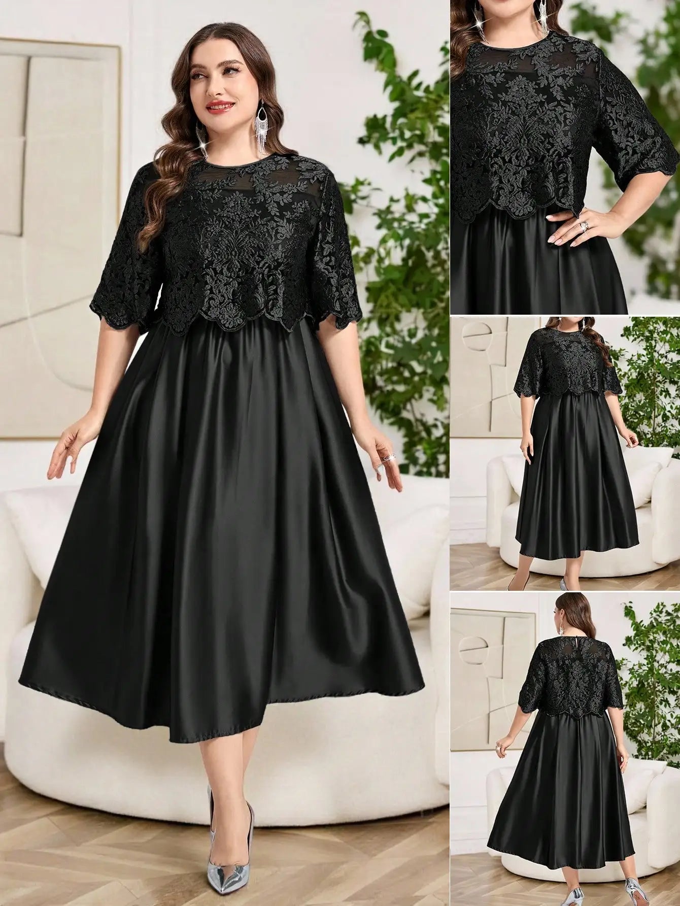 Plus Size Floral Embroidery Elegant Round Neck Midi Dress For Spring Summer