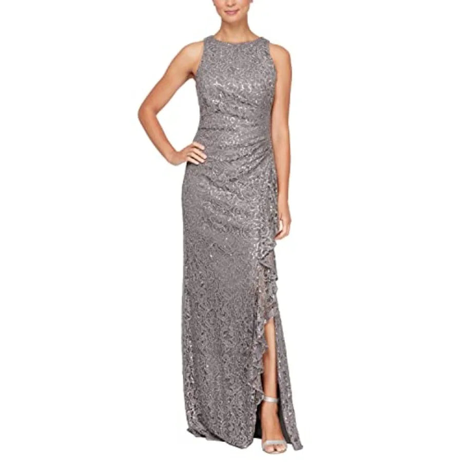 Women's Long Sleeveless Mother of the Bride Dress W/Cascade Ruffle and Front Slit Petite and Regular Sizes