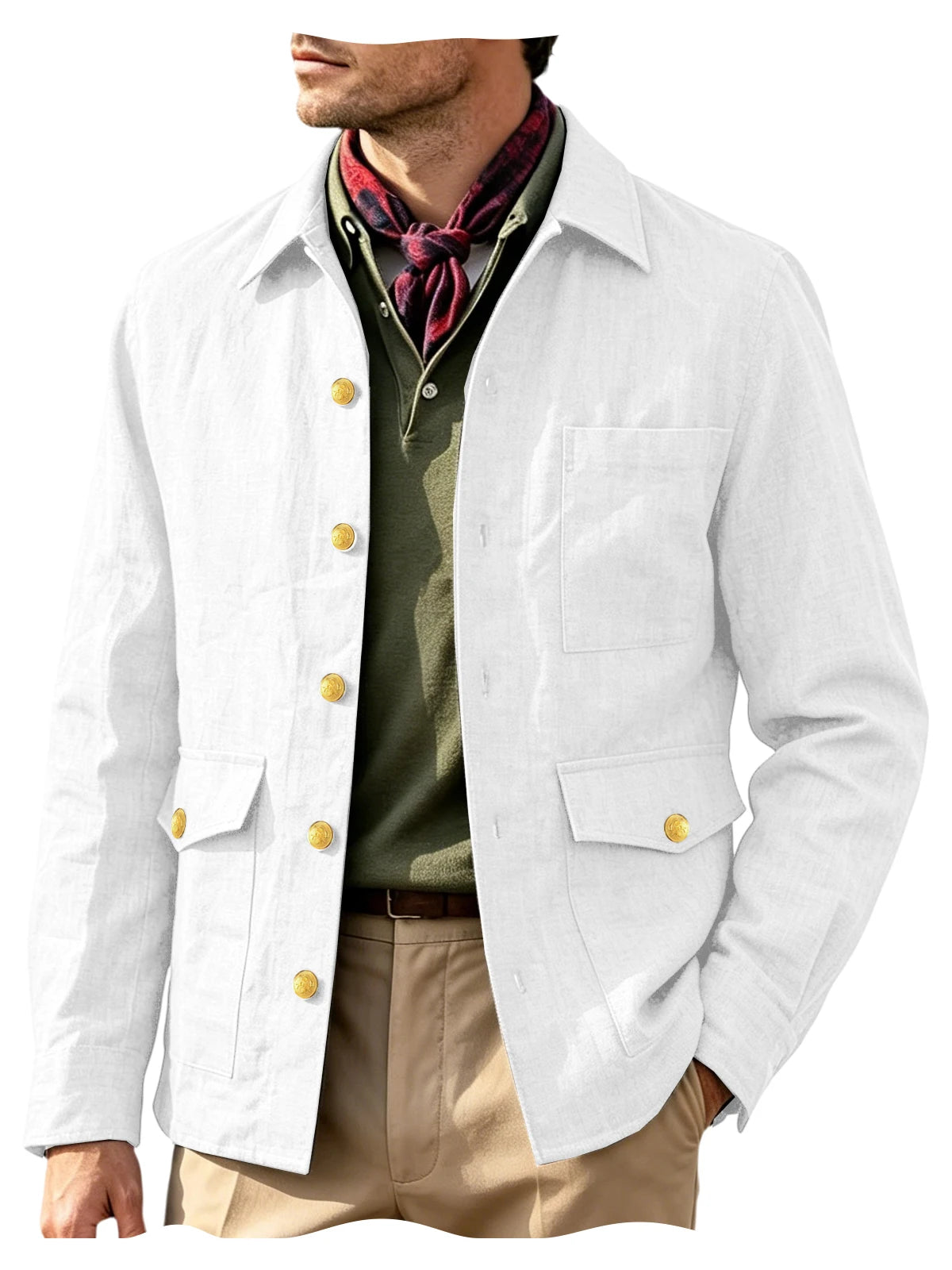 Mens Vintage Linen Jacket With Breathable Gold Button Lapel Design