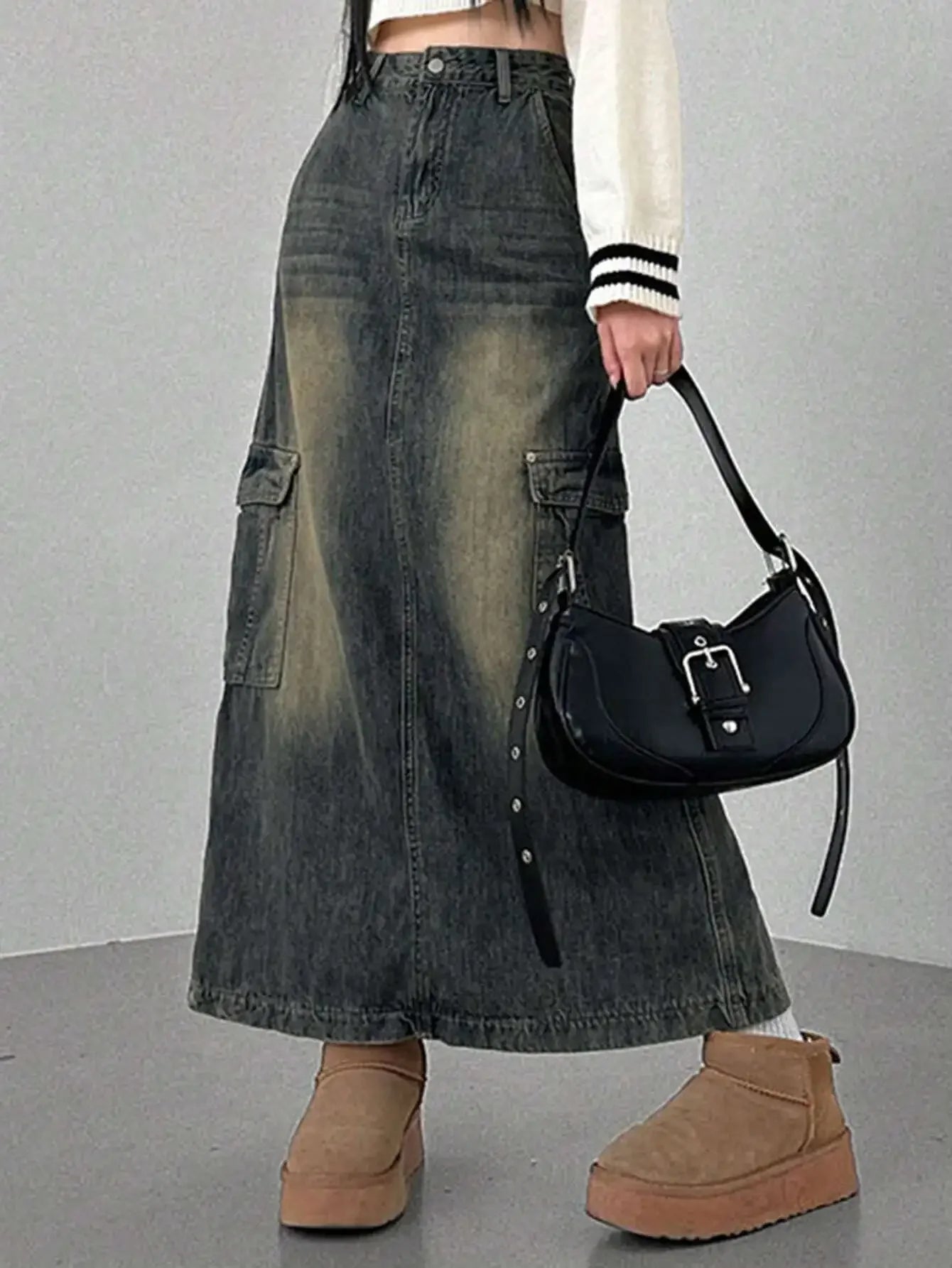 Women's Distressed Cargo Pocket Denim Maxi Skirt, Loose Fit, Fall Winter