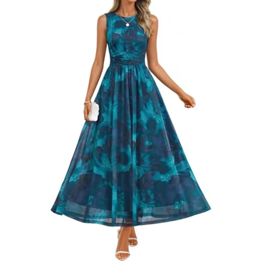 ZESICA Women's Summer Sleeveless Floral Maxi Dress 2026 Casual Crewneck Mesh A Line Flowy Boho Beach Party Long Dresses
