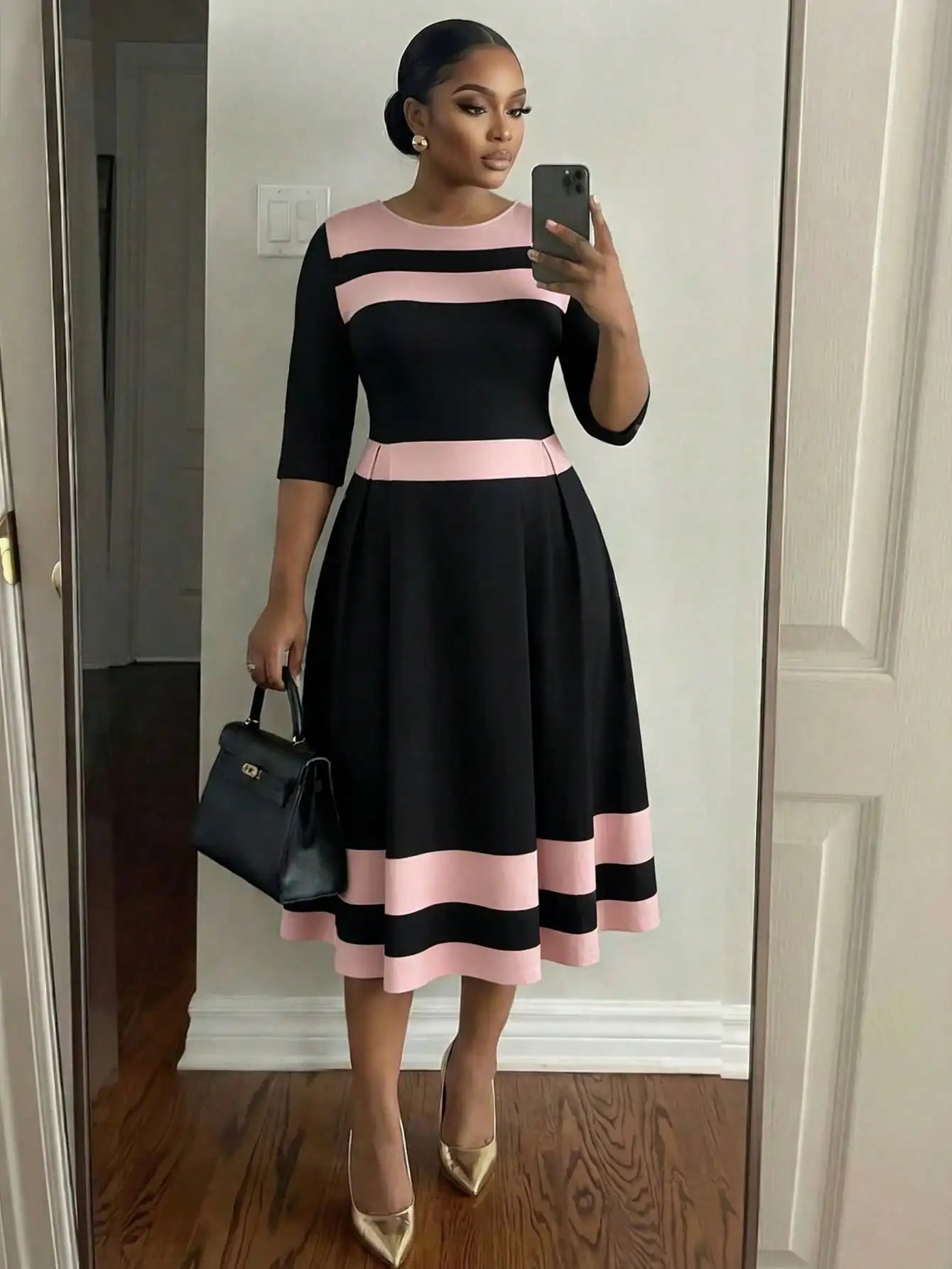 Elegant Color Block Striped Midi Dress Knee Length Black And Pink Women Spring Summer Outfit