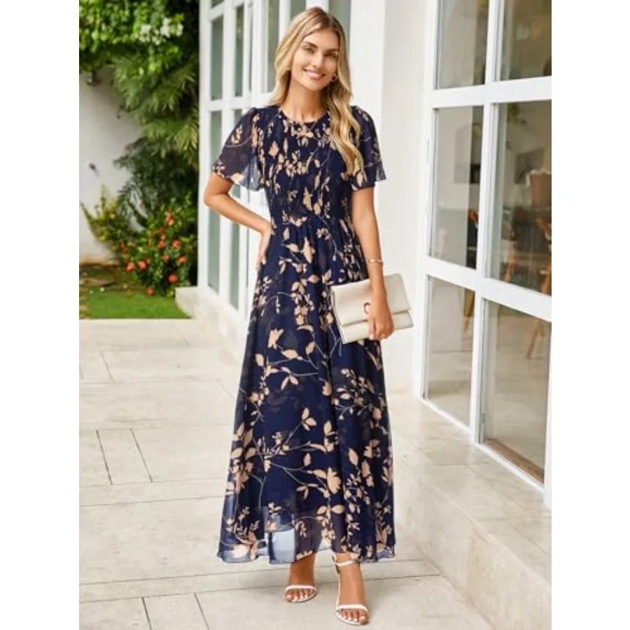 Simplee Womens Casual Floral Summer Maxi Dress 2026 Boho Flowy Short Sleeve Crew Neck Vacation Smocked Chiffon Dresses