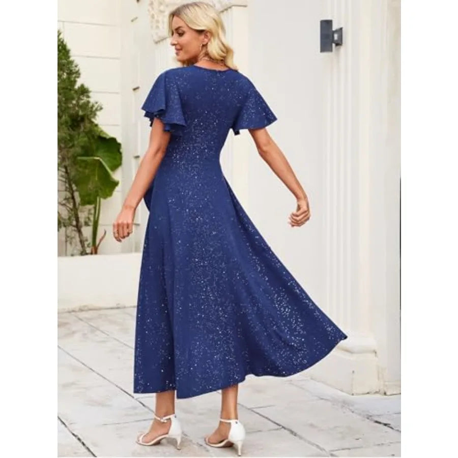 Long Formal Dresses for Women Gowns Evening Party Cocktail Dress, Split Elegant V Neck Wrap Ruffle Wedding Guest Dresses