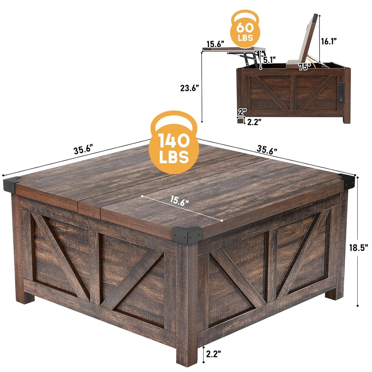 Farmhouse Lift Top Coffee Table with Storage, Wood Square Center Table with Charging Station&USB Port, Living Room, Customized