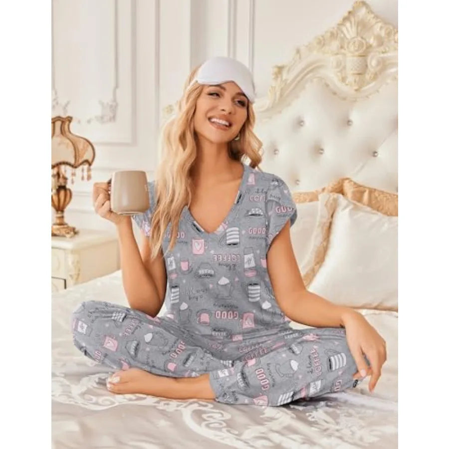 Ekouaer 2 Pack Womens Pajamas Short Sleeve Sleepwear Top with Pants Super-Soft Printed Lounge Sets S-XXL