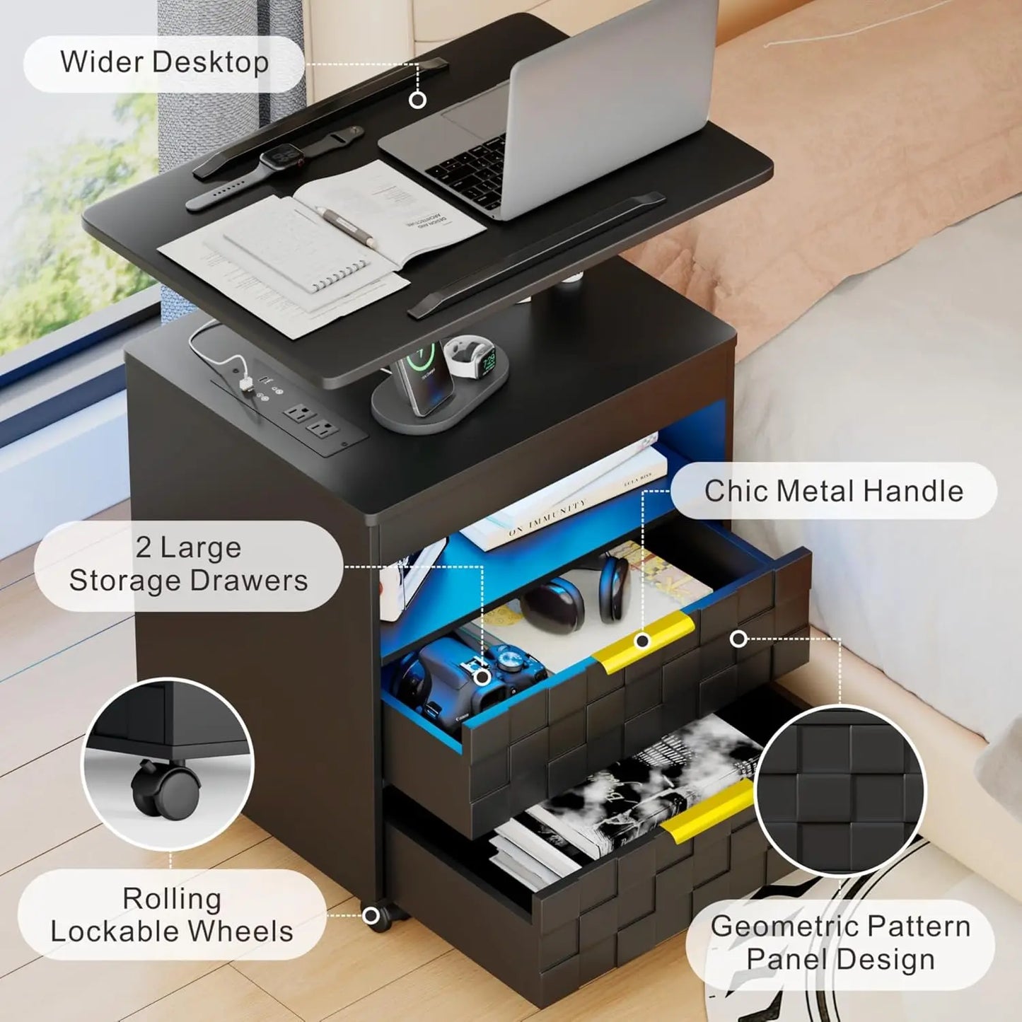 Nightstand with Charging Station, LED Bedside Table 2 Drawers, Smart Wooden End Table for Laptop Rolling Side Table, Customized