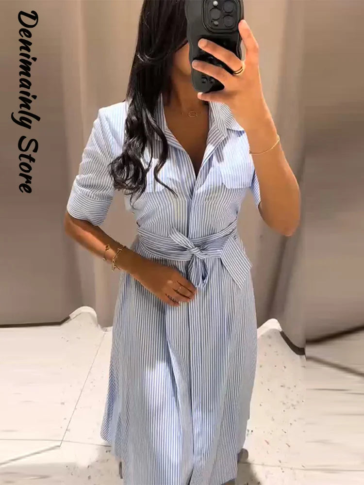 Casual Striped Women Summer Dress Lapel Single Breast Half Sleeve Slim Waist Long Dresses 2026 Autumn Lady Fashion Vacation Robe