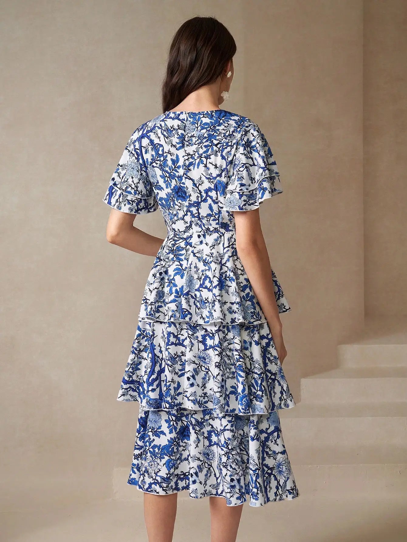 Butterfly Sleeve Layered Hem Floral Print Dress