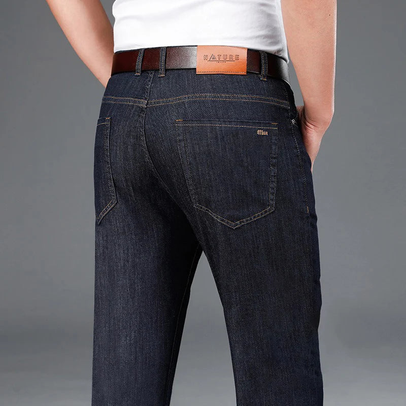 BROWON Brand Smart Casual Mens Denim Pant Straight Full Length Mid Waist Thin Soft Business Summer Jeans for Man