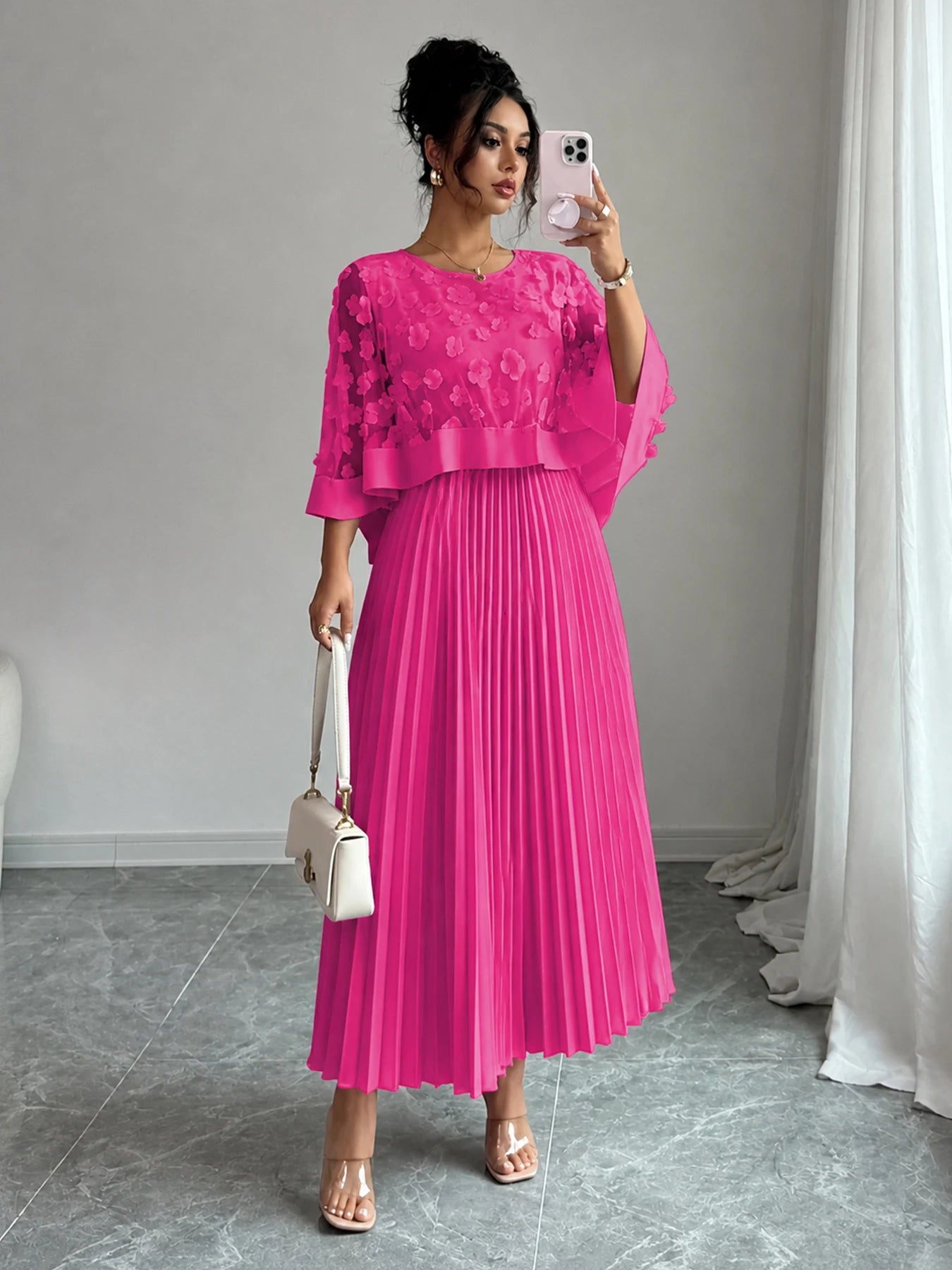 Elegant A-line Pleated Dress With Appliquéd Mesh Paneling, Vacation outfits women, Summer outfits for women