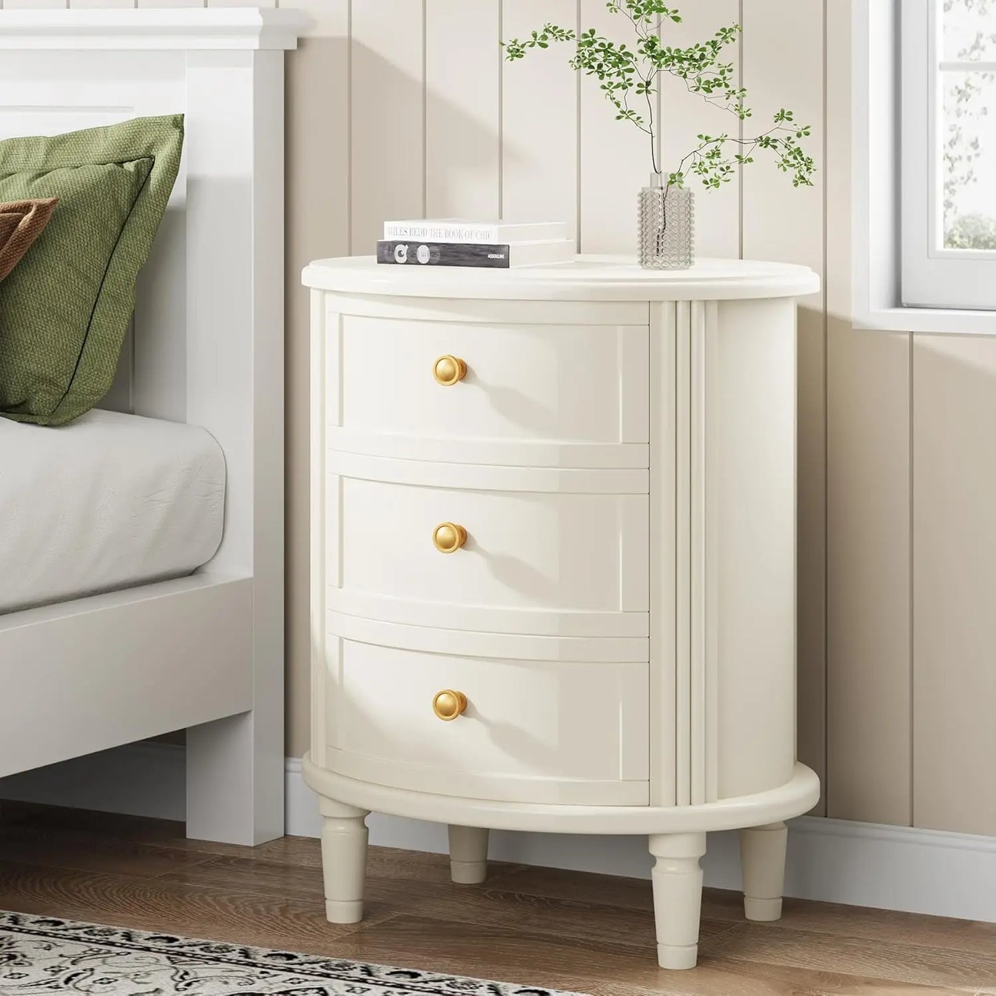 Nightstand with 3 Drawers, Oval Bed Side Table for Bedroom, Fully Assembled, Farmhouse Night Stand with Storage, Customized