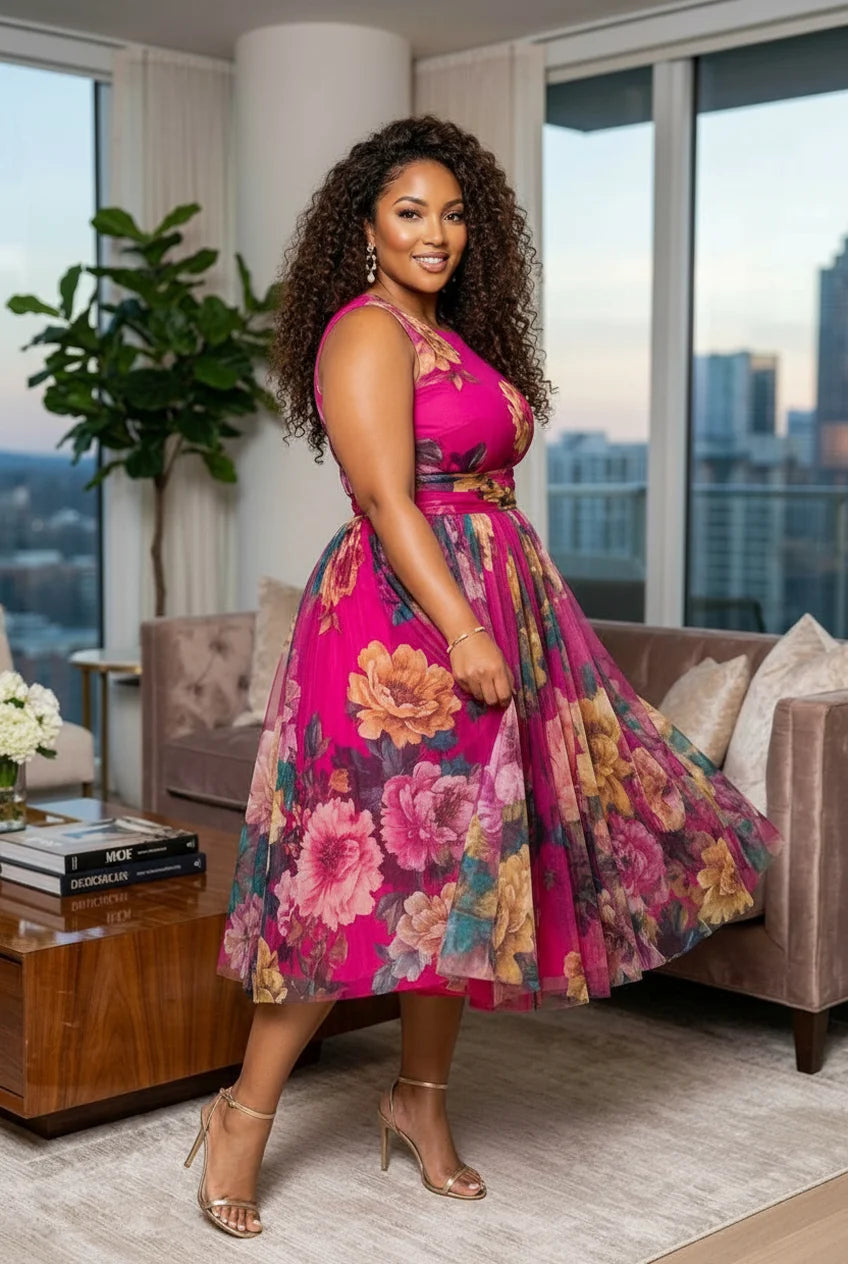 Plus Size Floral Print Sleeveless Midi Flare Dress For Women Wedding Guest Brunch Daily Elegant Party Occasions