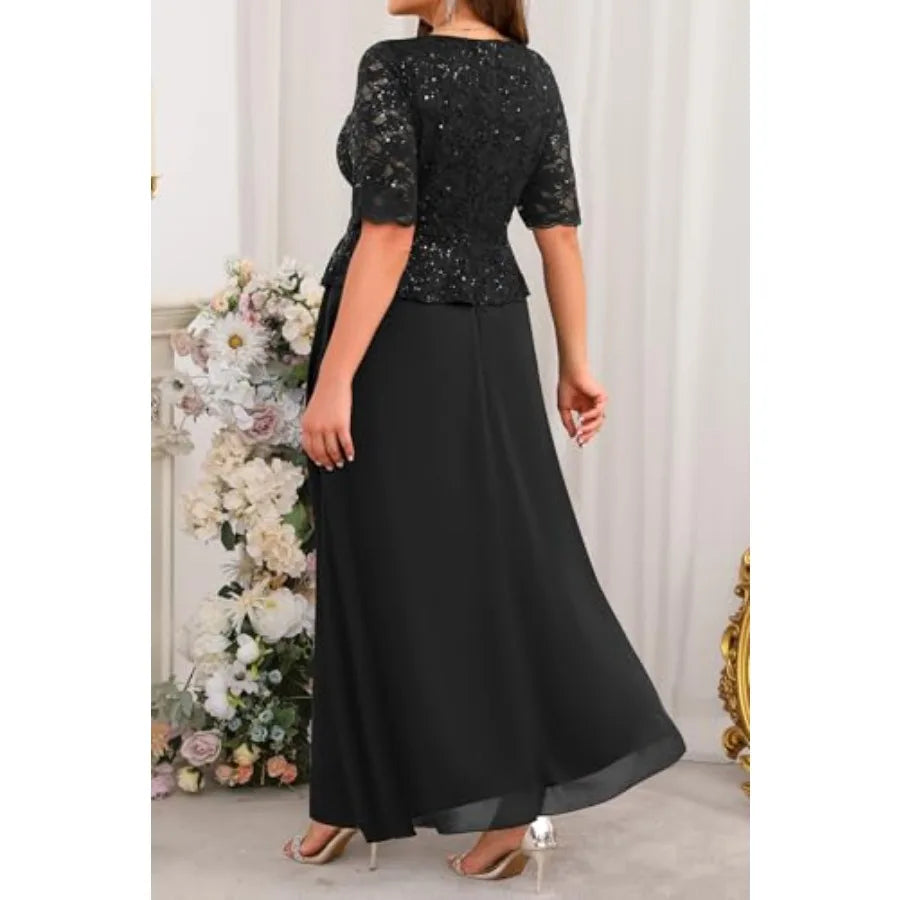 Plus Size Formal Dresses - Mother of The Bride Evening Gowns Wedding Guest Sequin Lace Bodice Long Dress Women