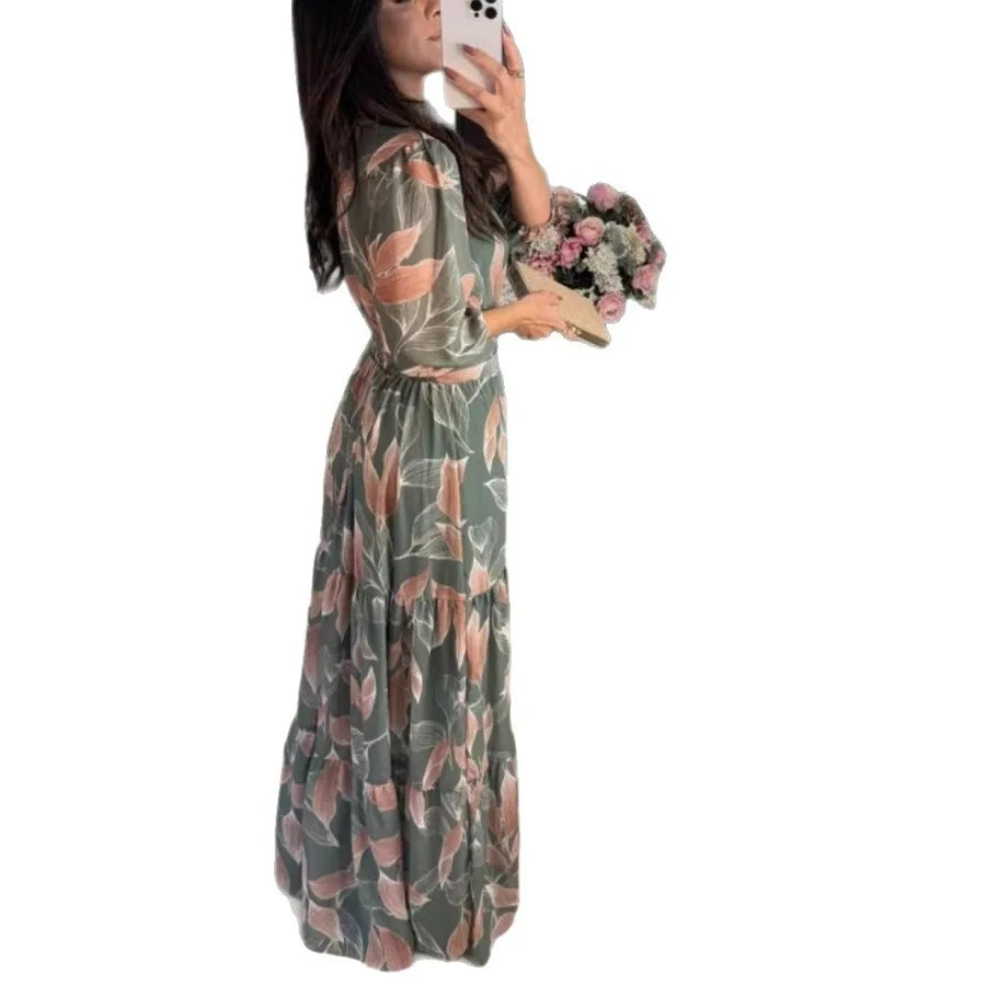 2026 European and American women's clothing summer new style V-neck fashionable elegant printed long dress for women