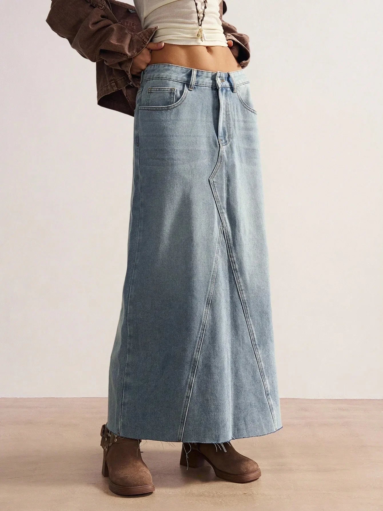 Women's A-Line Denim Maxi Skirt with Floral Embroidery and Frayed Hem