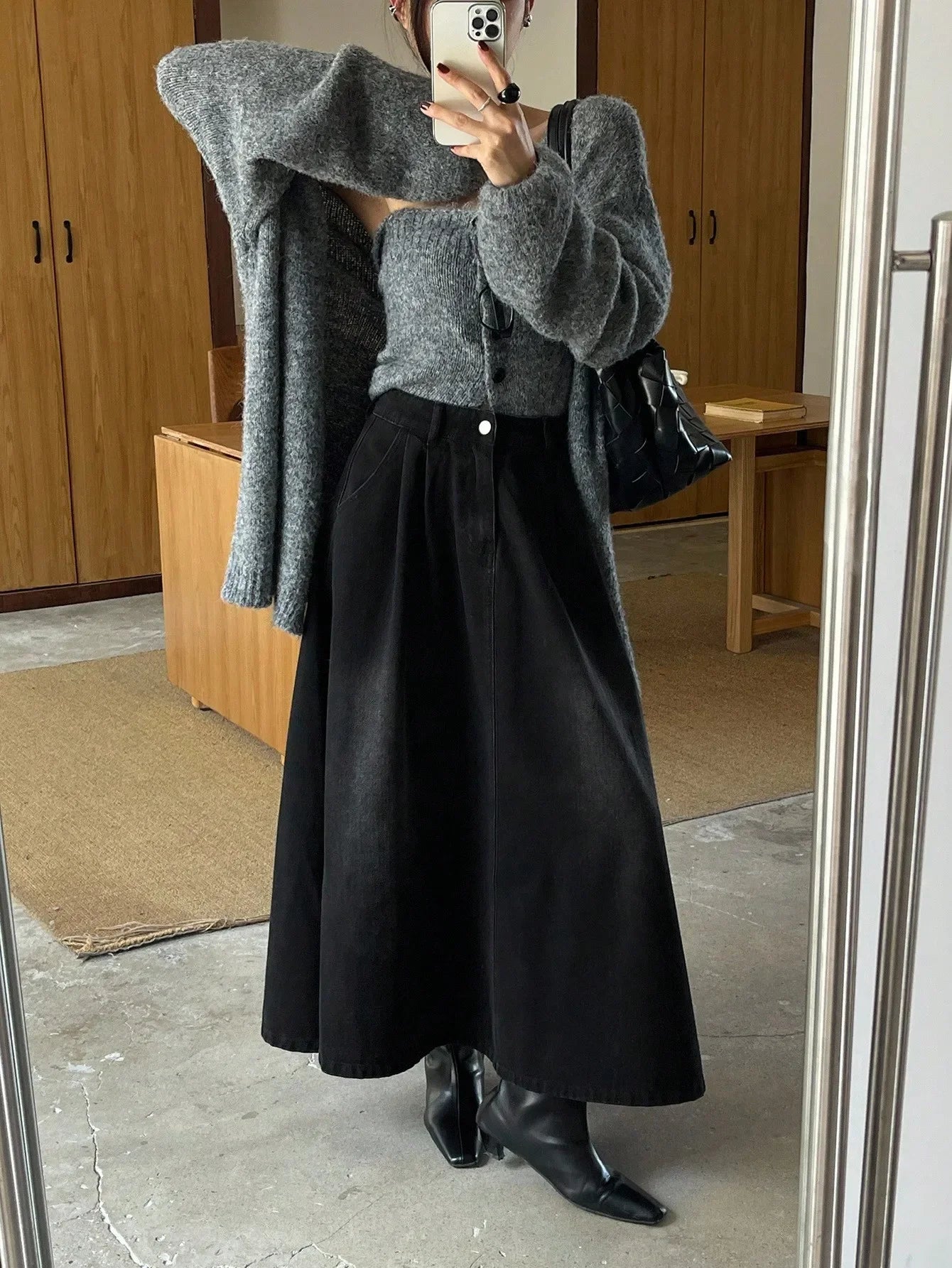 Women's A-Line Denim Skirt, Loose Fit, High Waist, Full Length