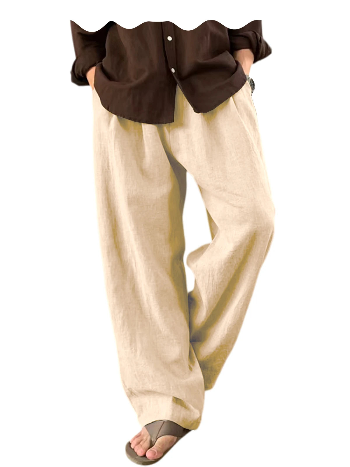 Men's Linen Wide Leg Pants High Waist Loose Fit Suit Trousers Summer Casual Vacation Beach Walking Pants Elastic Waist Oversized