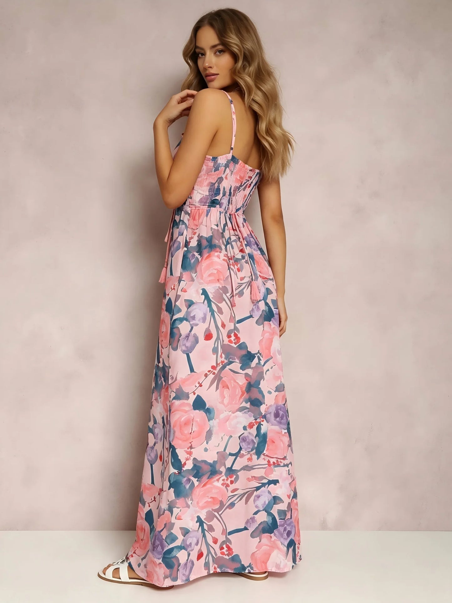 Women Watercolor Floral Print Maxi Dress V Neck Spaghetti Strap Tassel Tie Waist Smocked Back Summer Beach Holiday Casual Long Sundress