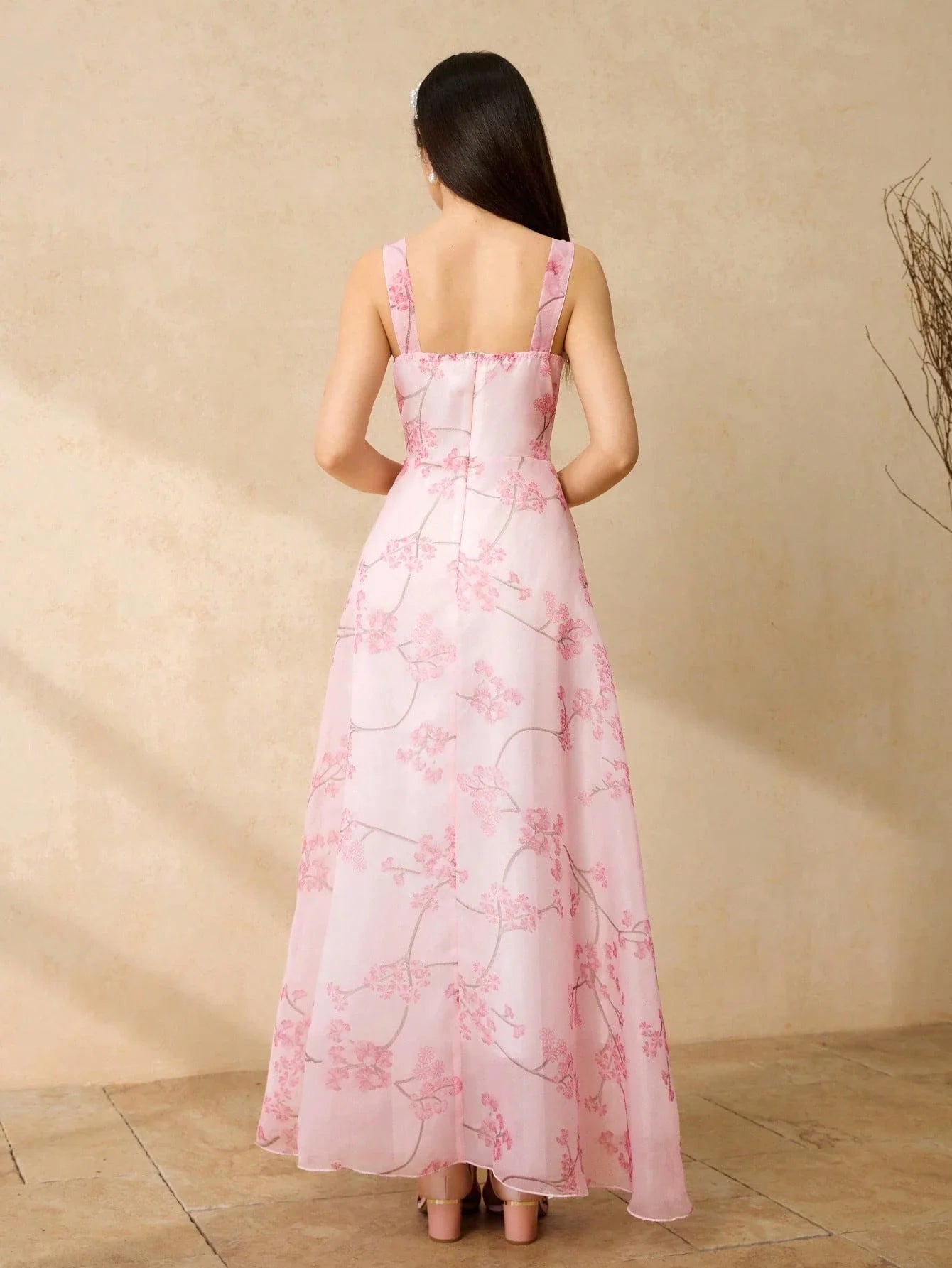 Elegant Floral Embroidered Chiffon Sleeveless Floor-Length Maxi Dress For Women