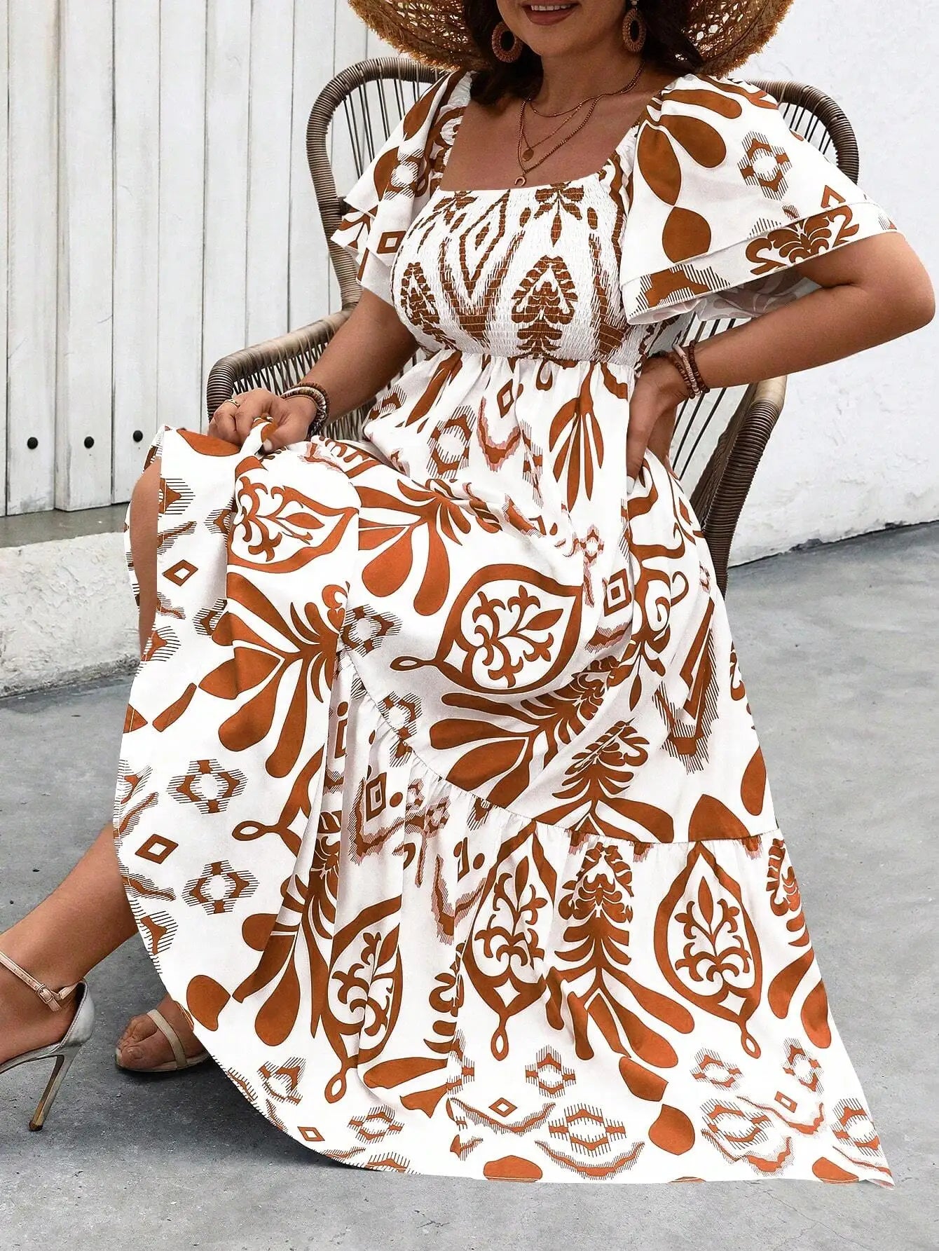 Women Casual Printed Boho Maxi Dress With Puff Sleeve Square Neck
