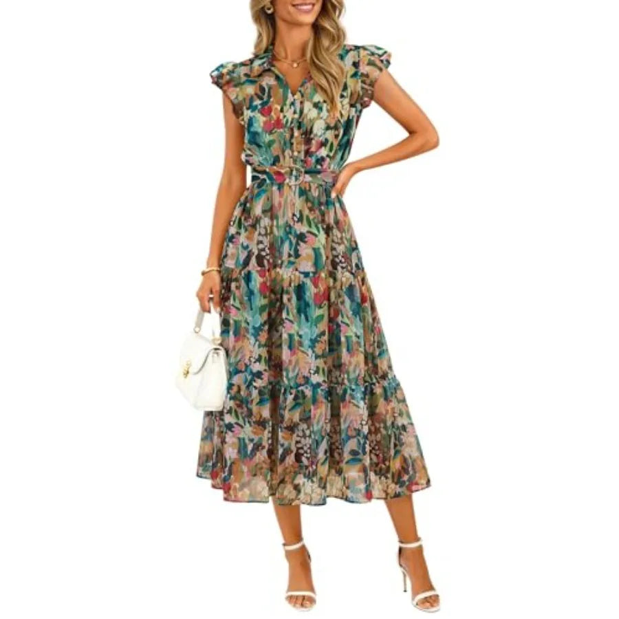 ZESICA Women's Summer Floral Midi Dress 2026 Casual Flutter Short Sleeve Chiffon Button Down Wedding Guest Party Dresses