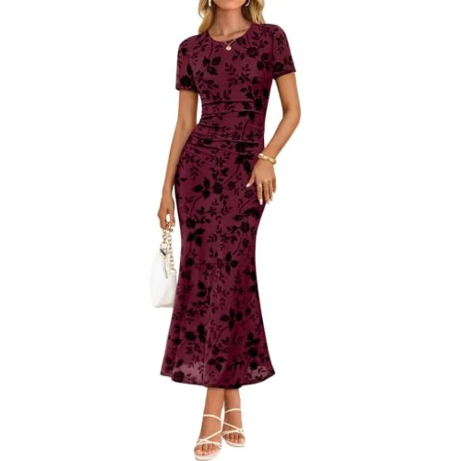 ZESICA Women's Summer Floral Bodycon Long Dress Ruched Mesh Beach Vacation Formal Cocktail Party Wedding Guest Maxi Dresses