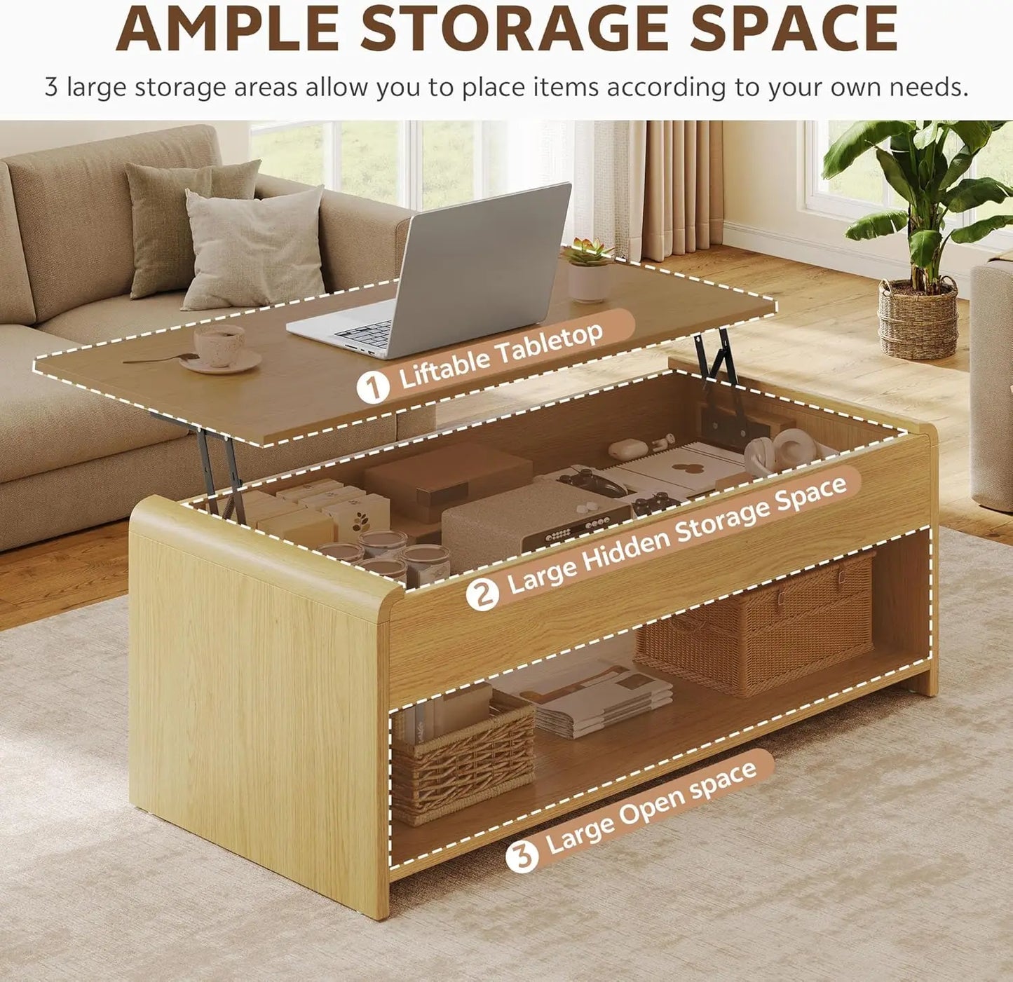 Lift Top Coffee Table, 35'' Multi-Function Coffee Table With Hidden Compartment & Open Shelf, Curved Profile Design, Converts To