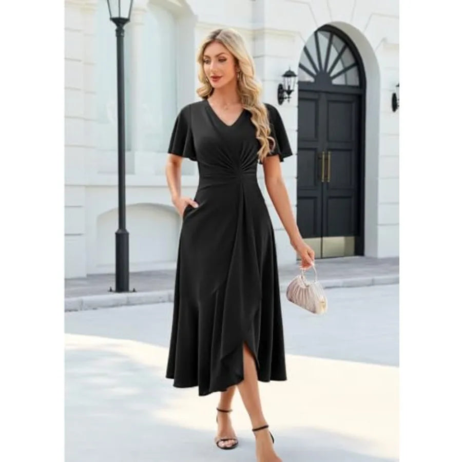 QMZ Wedding Guest Dresses for Women Have Pockets Cocktail Dress Ruffle Sleeve A Line Evening Party Formal Dresses for Women