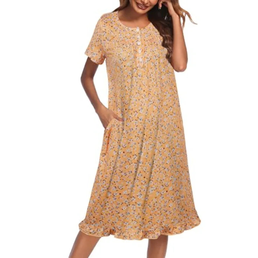 Ekouaer Nightgowns for Women with Pockets Button Front Short Sleeve House Dresses Floral Print Mumu Dress