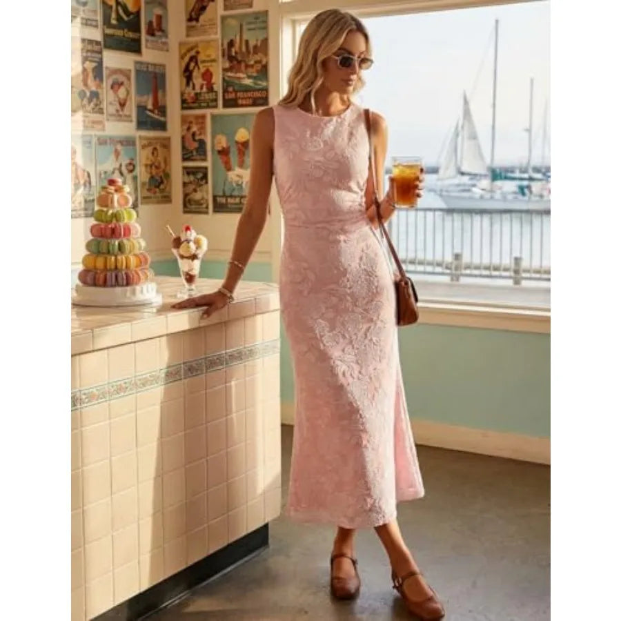 MEROKEETY Women's Summer Wedding Guest Maxi Dress 2026 Sleeveless Floral Bodycon Mesh Cocktail Formal Party Long Dresses