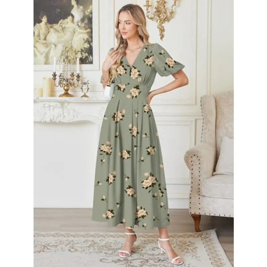 Caracilia Women's Floral Maxi Dress, Spring Wedding Guest Formal Party, V Neck Puff Sleeve Full Lined, Summer Casual Dresses