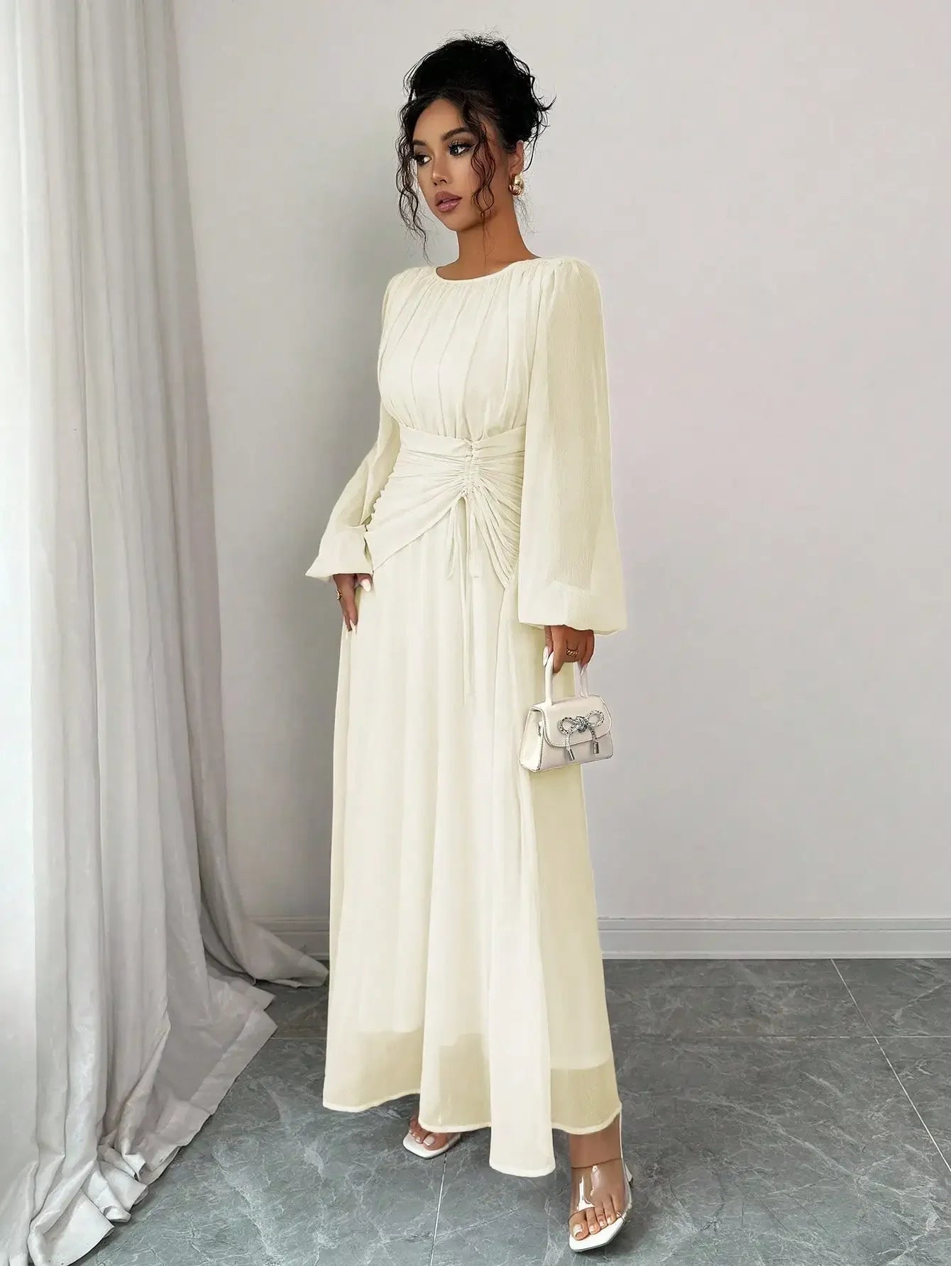 Women's Spring Summer Romantic Elegant Ruched Waist A-Line Long Sleeve Maxi Dress
