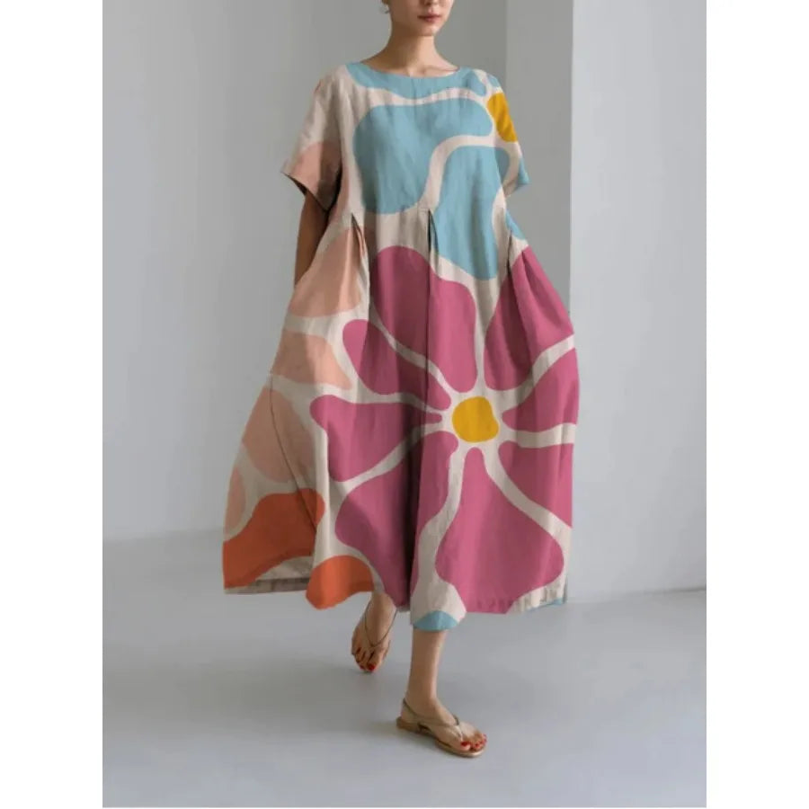 【New style】 - summer new European and American women's clothing loose round neck fashionable high-end short-sleeved printed dre
