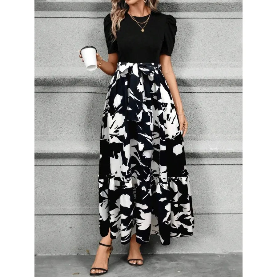 Women's Spliced Plant Print Ruffle Hem Maxi Dress Outfit