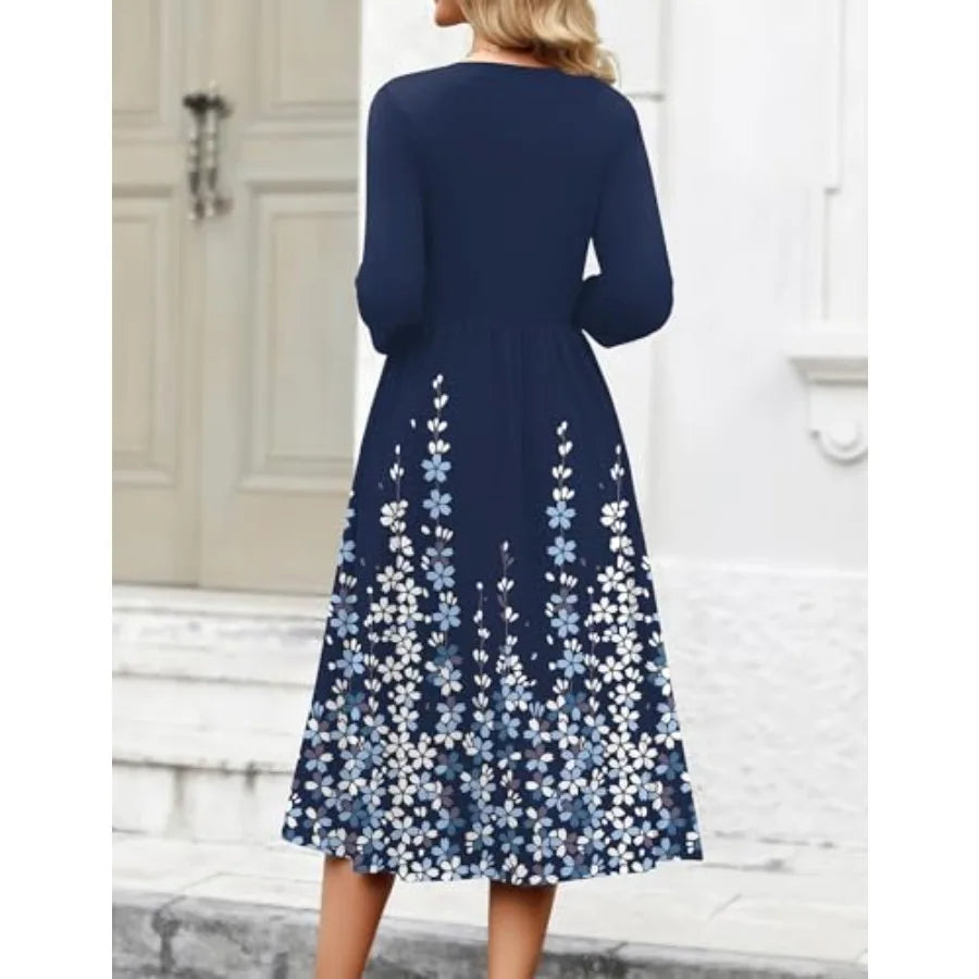 Zeagoo 3/4 Sleeve Women's Dress Casual Flowy A-Line Midi Tshirt Dresses with Pockets Crewneck Vocation Boho Beach Sundress