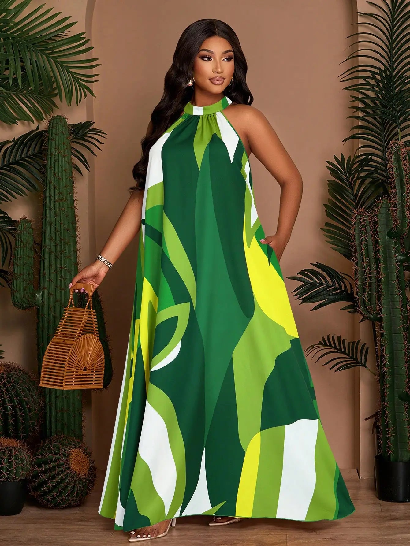 Plus Size Women Sleeveless Halter Neck A-Line Printed Long Dress With Pockets