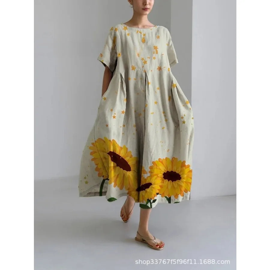 【New style】 - summer new European and American women's clothing loose round neck fashionable high-end short-sleeved printed dre