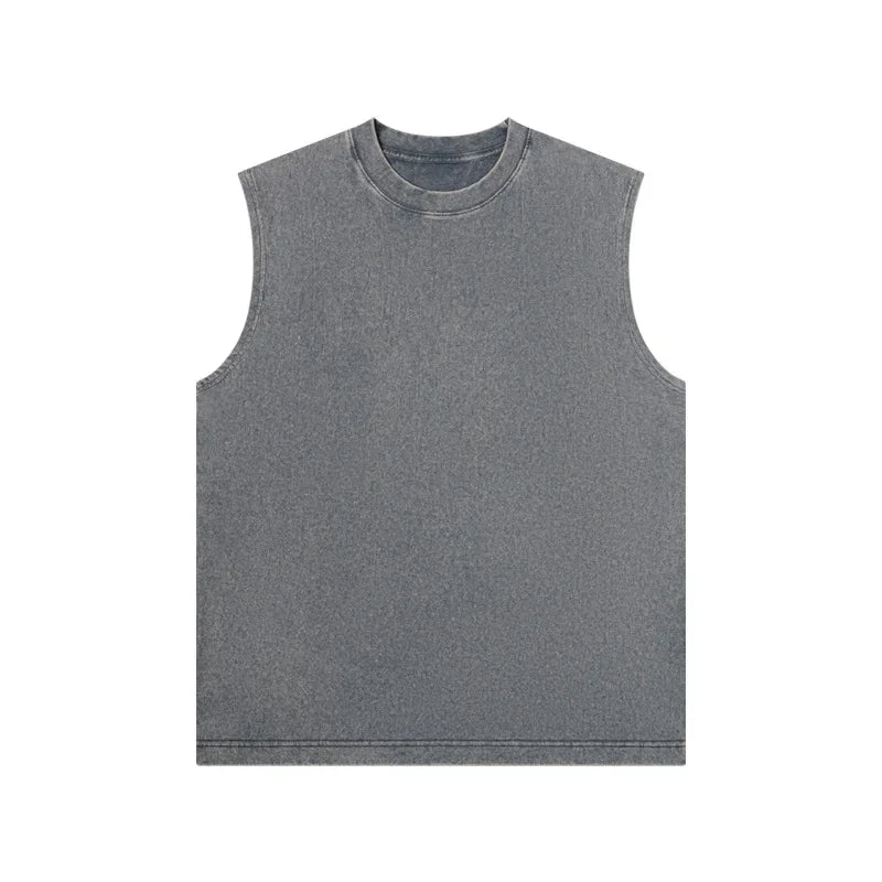 230g Pure Cotton European and American High Street Retro Washed Distressed Sleeveless Vest Men's Casual Loose Shoulder T-shirt