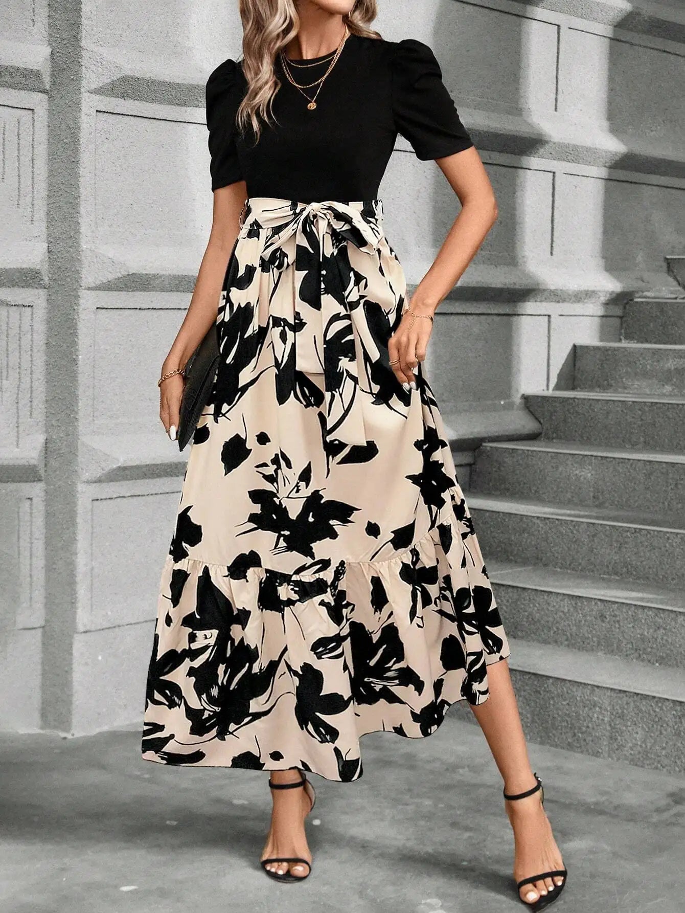 Women's Black Puff Sleeve Floral Print Maxi Dress With Sash Waist