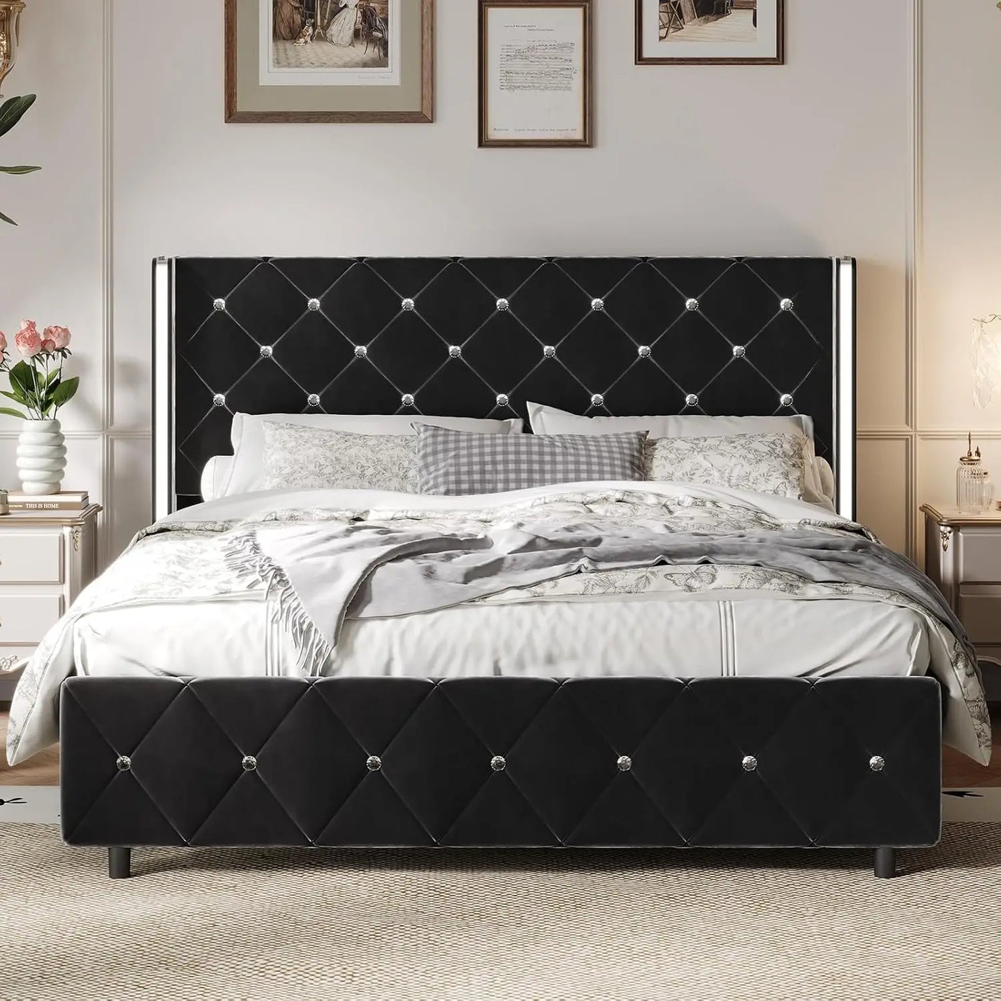 Queen Bed Frame with Headboard, Upholstered Queen Size Bed Frame with Diamond Tufted Wingback Headboard, Faux, Customized