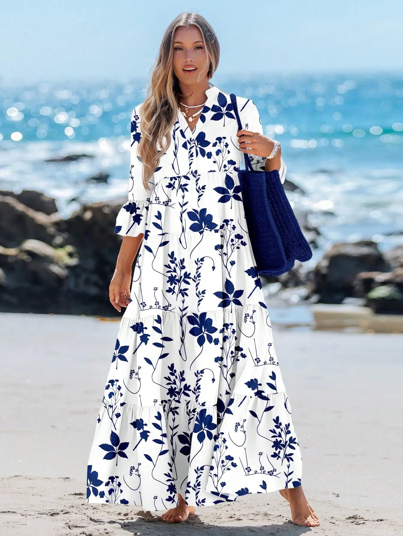 Women's Blue White Floral V-Neck Pleated Long Sleeve Maxi Dress Beach Vacation Summer