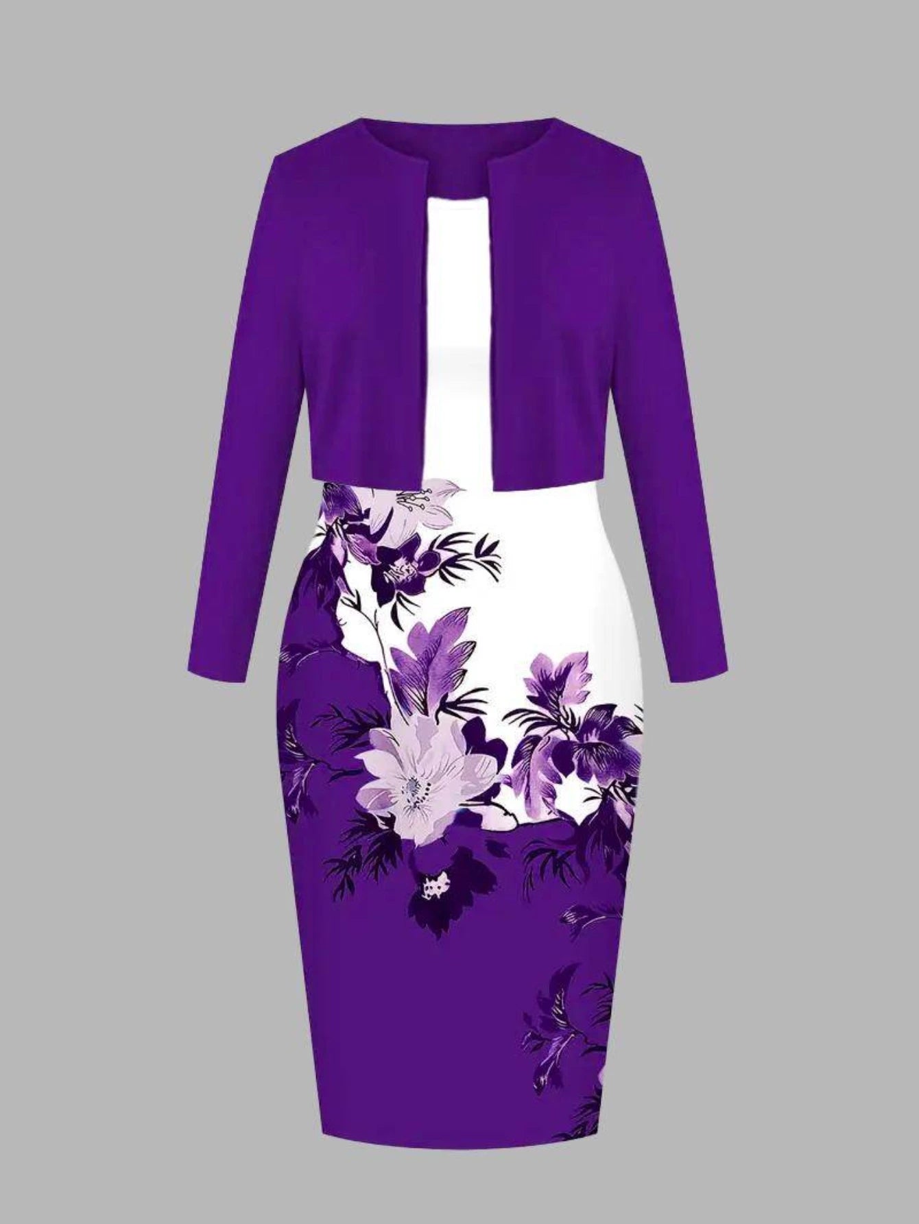 Women's Long Sleeve Open Front Cropped Cardigan Sleeveless Floral Print Midi Dress For Daily Brunch Church Weekend Casual Occasions