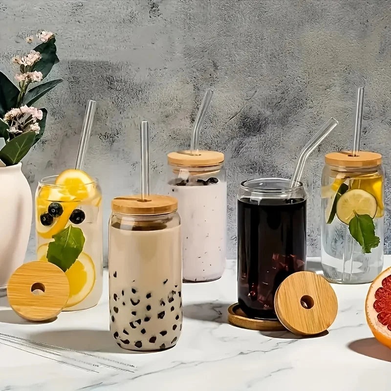 NONEDrinkware Glasses Set With Bamboo Lids And Glass Straws