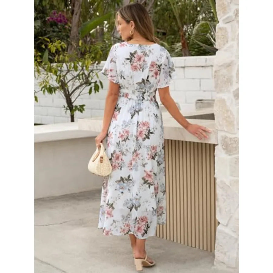 ANRABESS Womens Summer Floral Maxi Dress Casual V Neck Short Sleeve Chiffon Boho Flowy Beach 2026 Wedding Guest Long Dresses